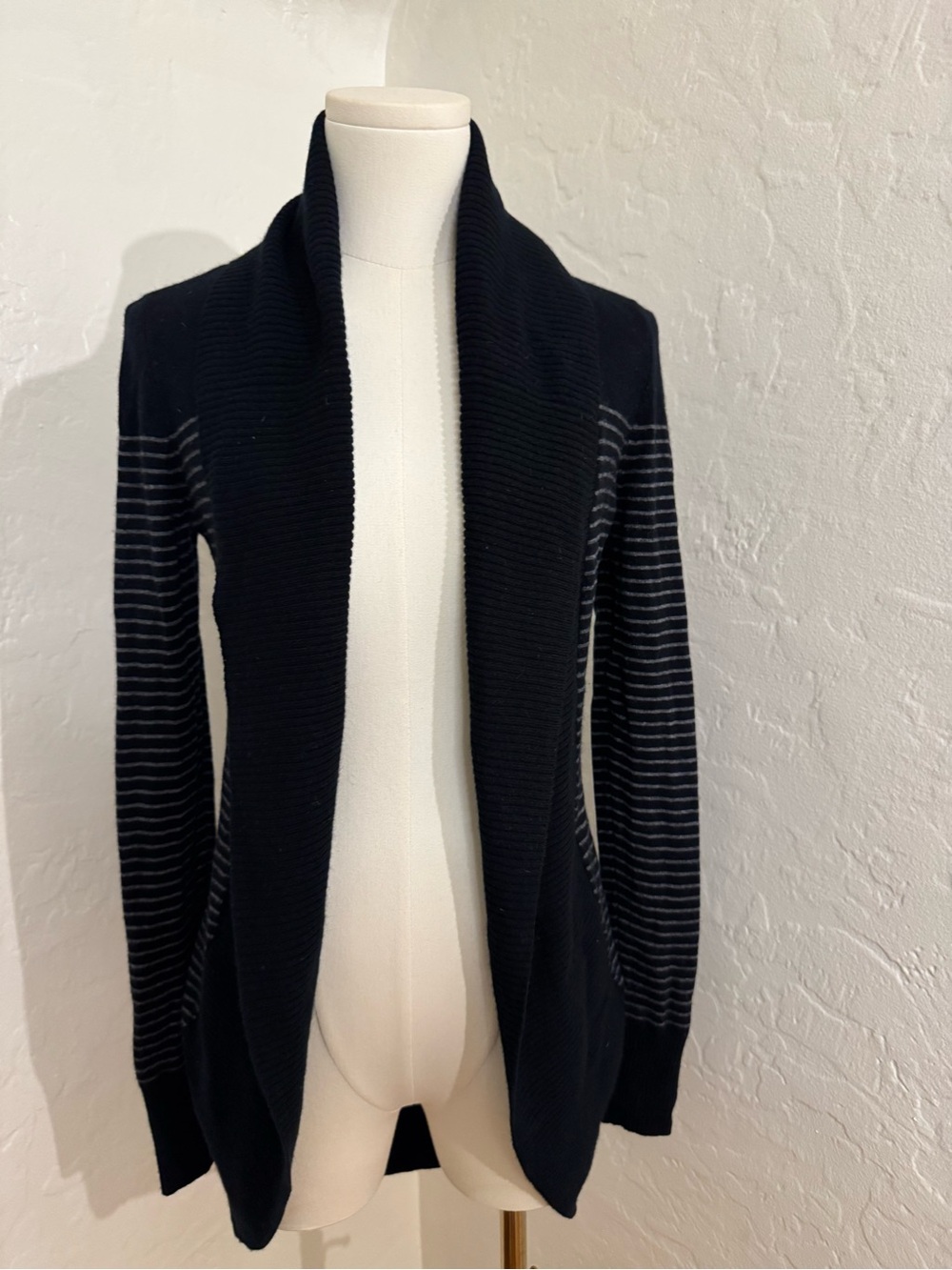 Juicy Couture Black Open-Front Shawl Collar Cardigan with Gray Stripes